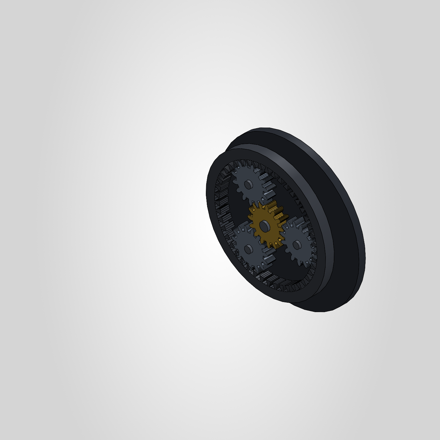 Isometric render of a parametric planetary gearbox with brass sun gear
